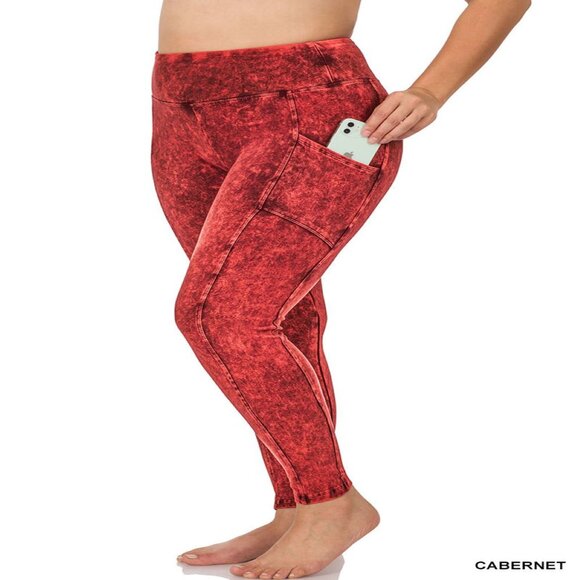 PLUS MINERAL WASH WIDE WAISTBAND FULL LENGTH LEGGINGS W/POCKETS 1X-3X CABERNET - Picture 1 of 2